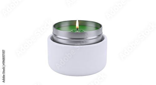 Lit Green Candle in Silver Tin with White Holder