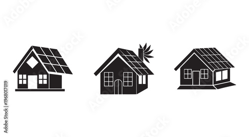 Solar panel houses with white outlines on white background  eco friendly homes with renewable energy sources