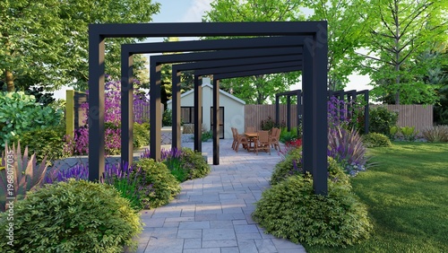 Photography Modern backyard garden landscape design with minimalist black pergola walkway, stone patio, and lush greenery, 3D render