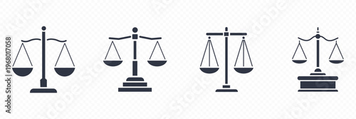 Modern Justice Scale Icons Set – Minimal Legal Balance Symbols Collection, Law and Order Concept, Court System, Lawyer Tools, Clean Elegant Vector Illustration for Legal Design