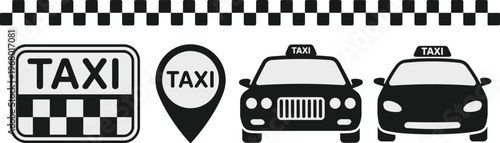 Taxi cab vector icon set with checkered pattern map location pin and car front view for urban transportation passenger shuttle service illustration.