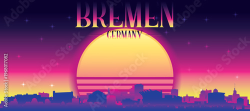 Purple generic retro futuristic synthwave panoramic poster of the city skyline with misty background sunset buildings of BREMEN, GERMANY