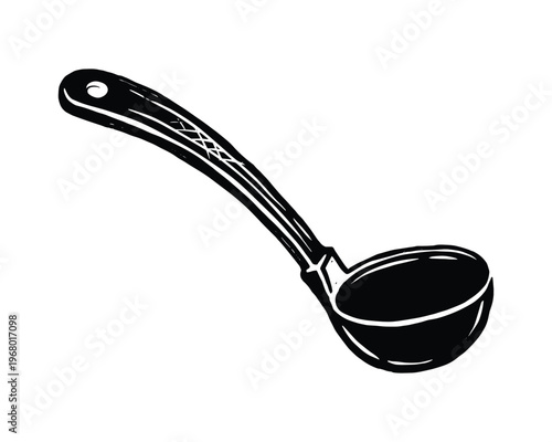 Utensil for serving soup, culinary tool icon, black ink ladle sketch, home kitchenware, dinner service