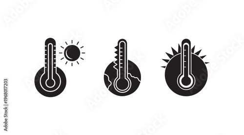 Thermometer icons with sun and heat symbols for temperature and weather concepts  heatwave and climate change illustrations