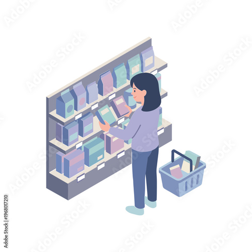 Woman browsing books on shelves in a store with a basket
