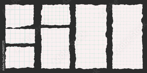 Torn pieces of lined paper arranged against a dark background
