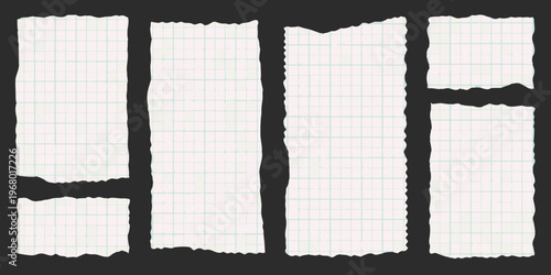 Torn notebook paper strips arranged against a dark black background