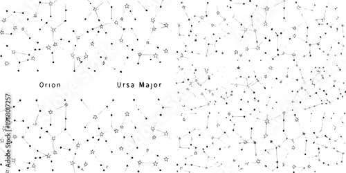 Constellation map featuring orion and ursa major against a white background