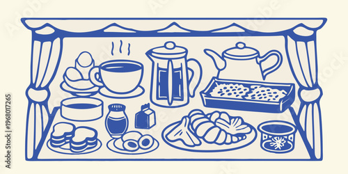 A blue line drawing depicts a breakfast tray with coffee and pastries