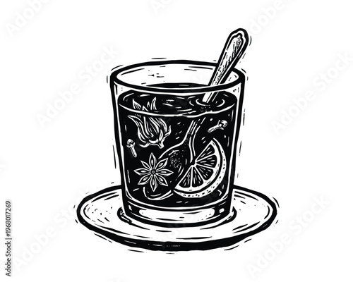 Warming winter drink, hand drawn herbal drink with spices and an orange slice