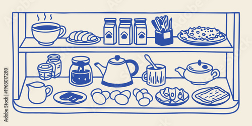 A blue line drawing depicts a shelf filled with breakfast items