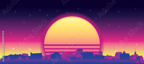 Purple generic retro futuristic synthwave panoramic poster of the city skyline with misty background sunset buildings of BREMEN, GERMANY