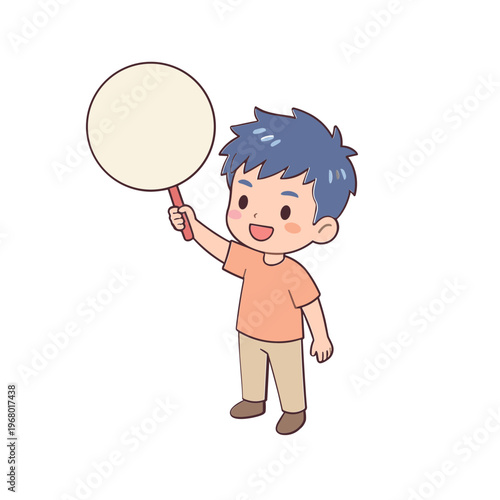 A cheerful cartoon boy holds a round sign in his hand outdoors.