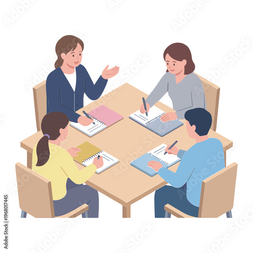 People sitting around a table discussing and writing notes together indoors