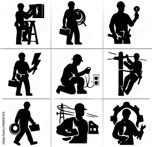 set of black silhouettes of electricians working vector icons