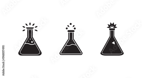 Three black and white chemistry beakers with different reactions and liquids inside conical flasks