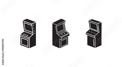Three black and white arcade machines with white outlines side by side on plain white background  classic video game consoles