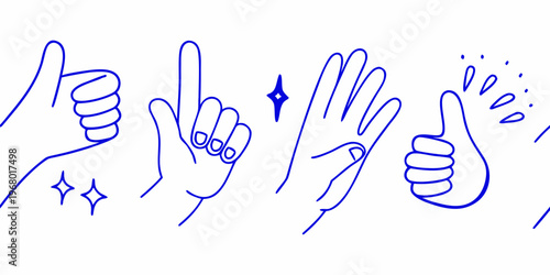 Collection of blue line art hands displaying various hand gestures