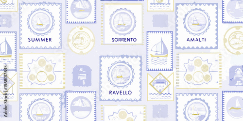 Vintage style postage stamps featuring sailboats and italian coastal towns