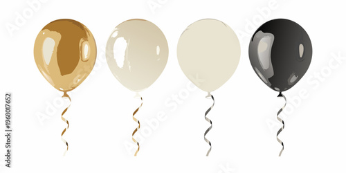 Four balloons in varying shades of gold beige silver and black