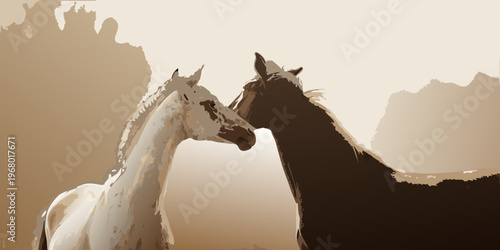 Two horses nuzzle affectionately against a blurred neutral background