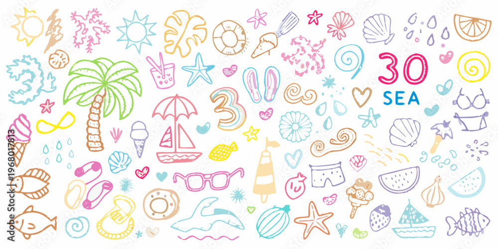 Naklejka premium Colorful hand drawn summer doodles featuring beach and tropical elements