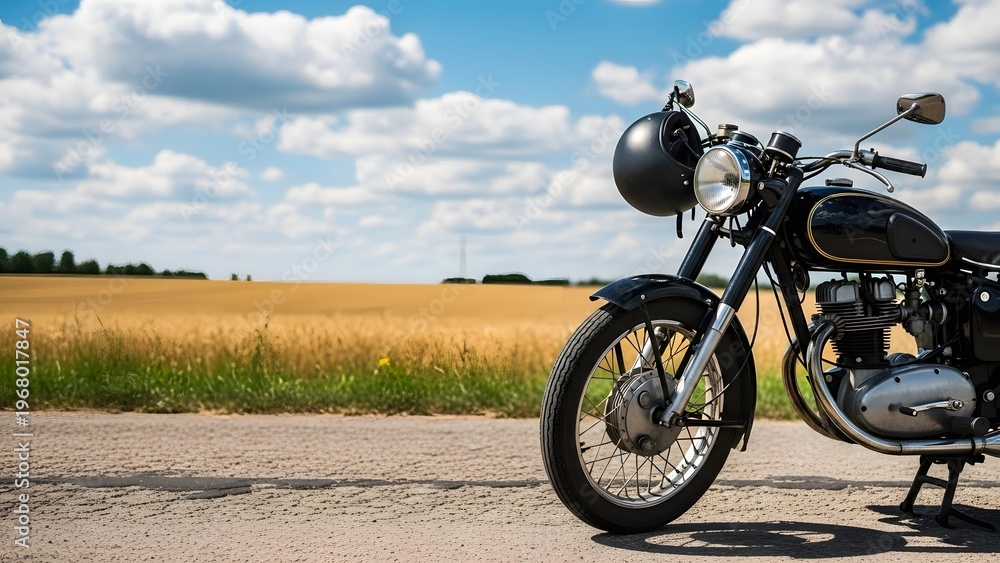 Fototapeta premium Classic Motorcycle Parked on Country Road Beside Golden Field