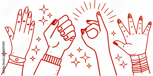 A collection of stylized hands gesturing amidst sparkling star illustrations
