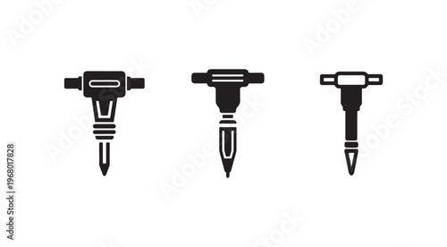 Three black and white illustrations of jackhammer and pickaxe tools used for breaking and drilling through hard surfaces like concrete and rock  construction and demolition equipment