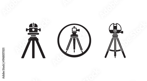 Three black and white icons of theodolites on tripods for surveying and construction  used for measuring angles and distances