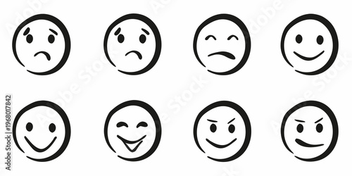 Eight simple black and white face icons displaying different emotions