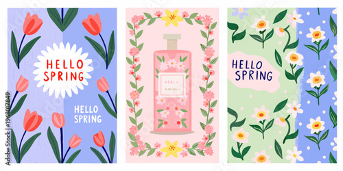 Floral spring banners with perfume bottles and cheerful greetings
