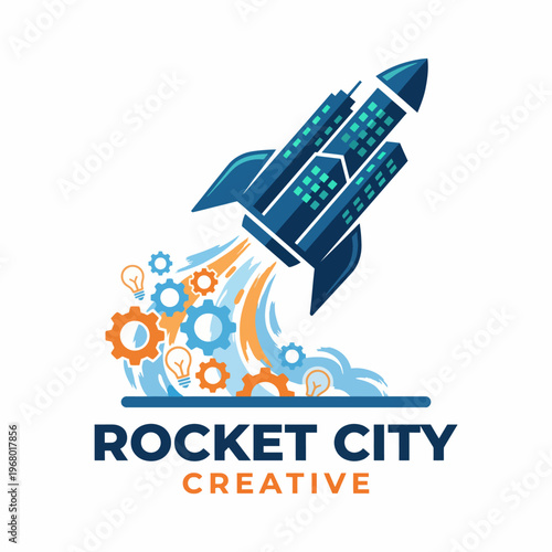 An imaginative illustration of a rocket launching, surrounded by gears, conveys themes of creativity, innovation, and forward-thinking in artistic expression and technology.