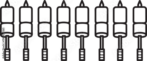 A collection of eight black and white chess pieces lined up in a row Vector