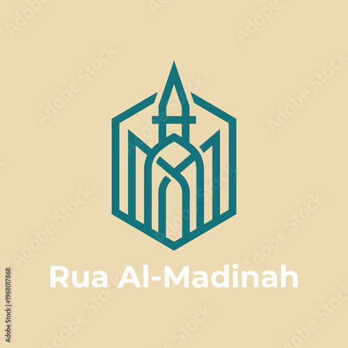 A sophisticated emblem featuring architectural elements representing Rua Al-Madinah, perfect for branding, conveying a sense of tradition and modernity entwined in a unique design.