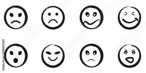 Eight hand drawn facial expressions depicting various human emotions