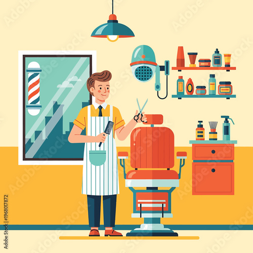 Barber standing with scissors in hand.