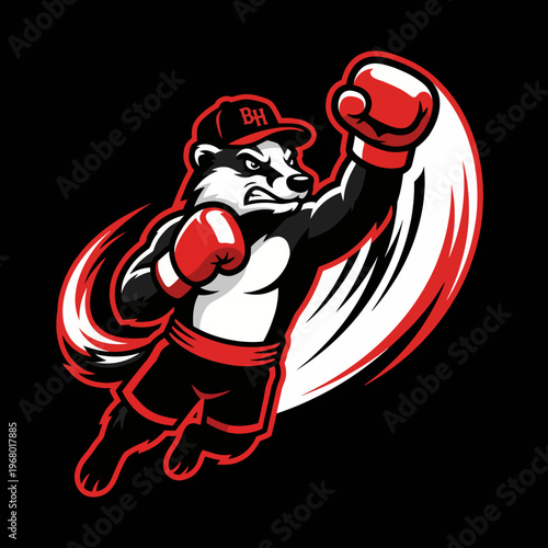 This striking image of a badger boxer showcases determination and strength, capturing a moment of action, emphasizing the traits of resilience and confidence in a vivid color palette.