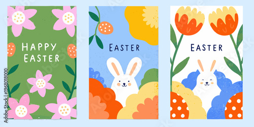 Colorful easter banners featuring flowers rabbits and festive greetings