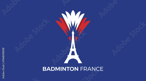 A striking logo design representing Badminton France, incorporating the iconic Eiffel Tower with a colorful burst of red, white, and blue, symbolizing national pride.