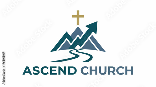 This modern logo for Ascend Church combines a stylized mountain range, a path, and a cross, symbolizing faith and the journey to spiritual elevation and enlightenment.