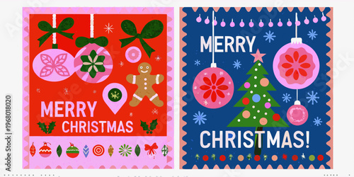 Festive christmas card designs with ornaments trees and holiday greetings