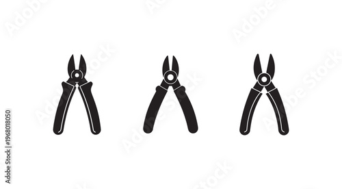 Three black and white illustrations of nail clippers in different positions for nail care and grooming  clippers have two handles and blades for trimming fingernails and toenails