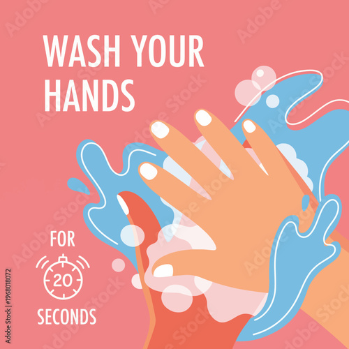This image emphasizes the importance of handwashing with soap and water for 20 seconds, showcasing hands and water with a vibrant pink background for attention.