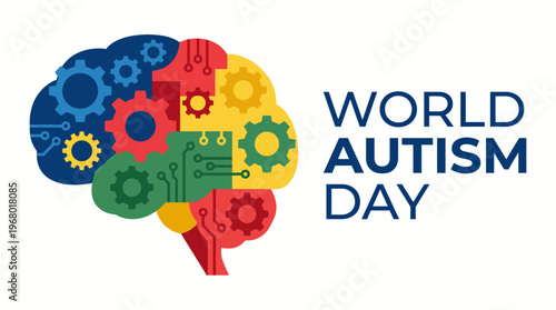 An artistic representation of a brain composed of gears, symbolizing the understanding and awareness of autism, perfect for World Autism Day and related causes and campaigns.