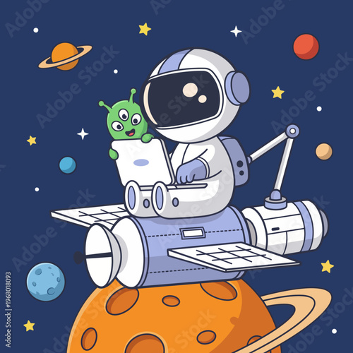 An adorable astronaut and a cheerful green alien explore space together, surrounded by planets, stars, and an artistic spacecraft depicting a fun and imaginative journey.