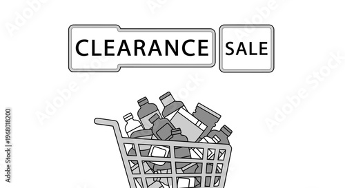 Shopping cart full of grocery bottles with Clearance Sale sign.