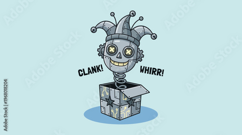 A comically designed robot with a jester hat emerging from a box, highlighting playful, quirky attributes ideal for kids' products or fun technology concepts.