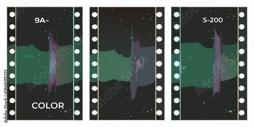 Three frames of color film with numerical and text markings