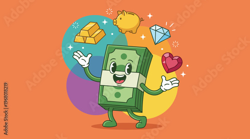 A vibrant cartoon money character with cheerful expressions and surrounded by gold bars, a piggy bank, a diamond, and a heart, symbolizing wealth and happiness.
